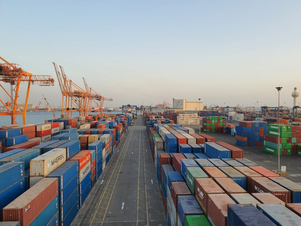 Global supply chain disruptions shown by congested shipping containers at a major port