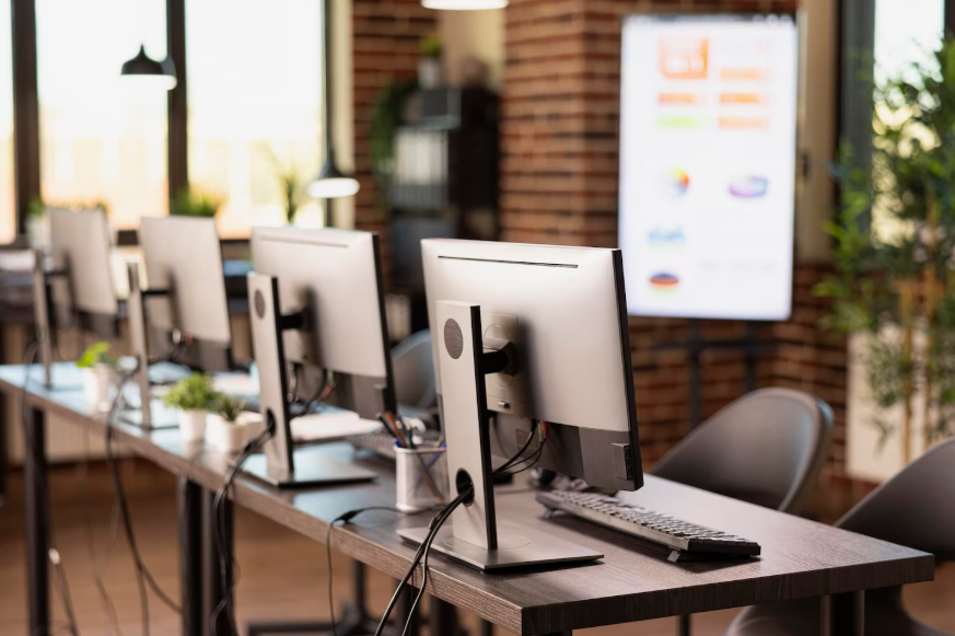 Tech layoffs and hiring trends shown by empty workstations in modern office